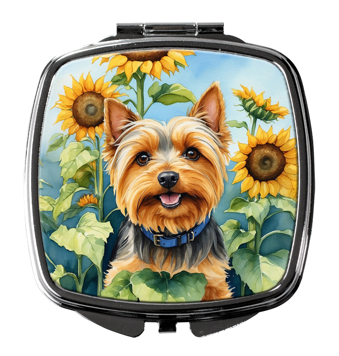 Silky Terrier in Sunflowers Compact Mirror Decorative Travel Makeup Mirror for Women Girls Gifts Pocket Makeup Mirror Folding Handheld