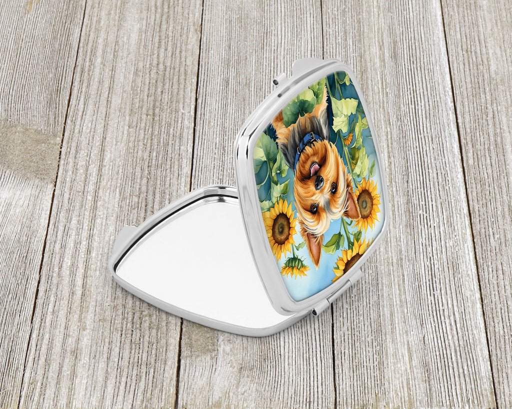 Silky Terrier in Sunflowers Compact Mirror Decorative Travel Makeup Mirror for Women Girls Gifts Pocket Makeup Mirror Folding Handheld