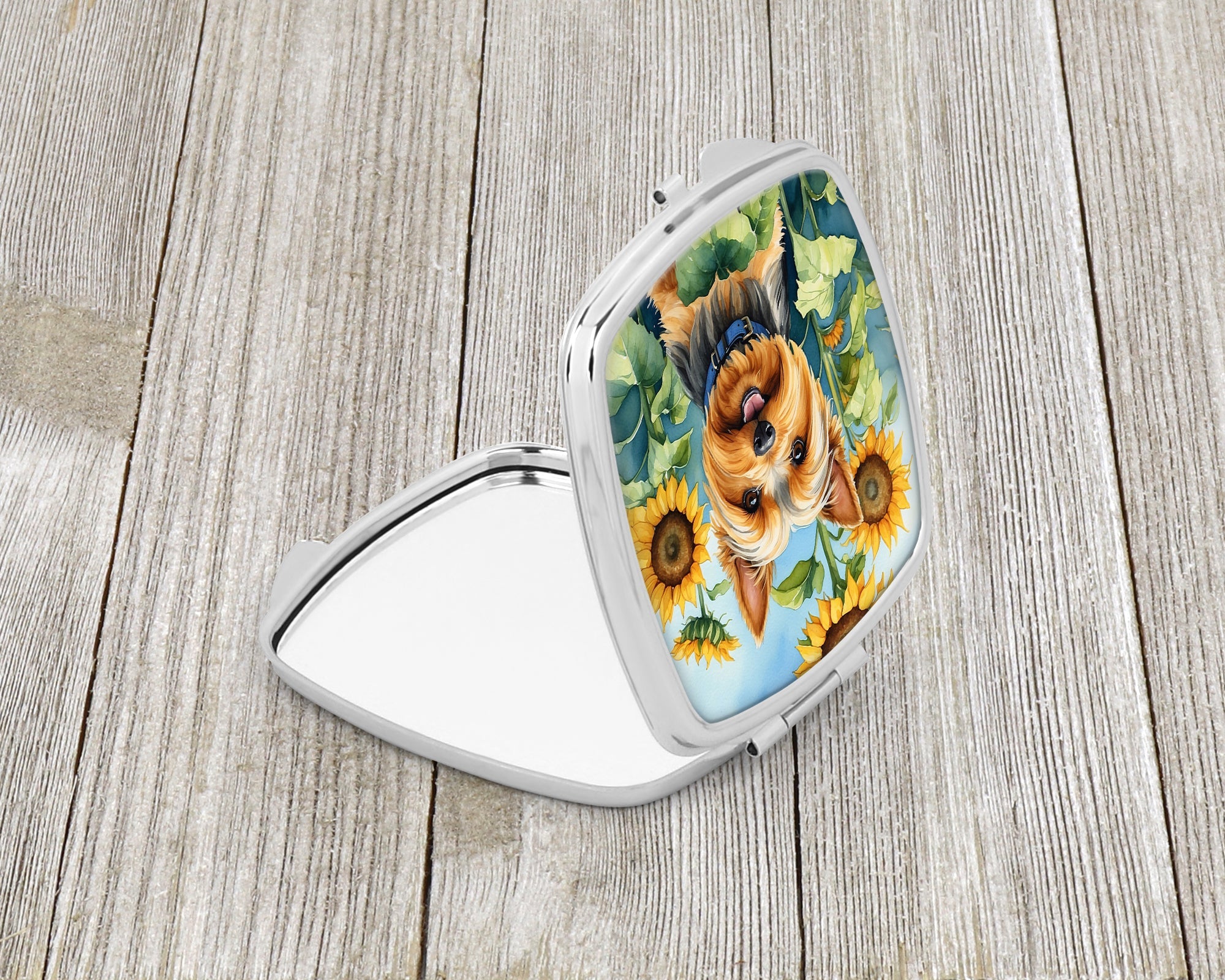 Silky Terrier in Sunflowers Compact Mirror Decorative Travel Makeup Mirror for Women Girls Gifts Pocket Makeup Mirror Folding Handheld