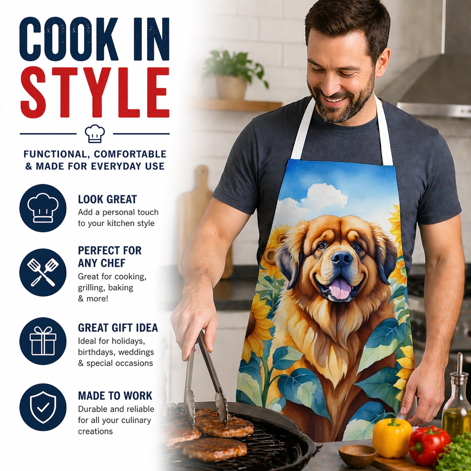 Tibetan Mastiff in Sunflowers Apron Cooking Kitchen Server Baking Crafts Gardening for Adult Women Men, Unisex, Large, Multicolor