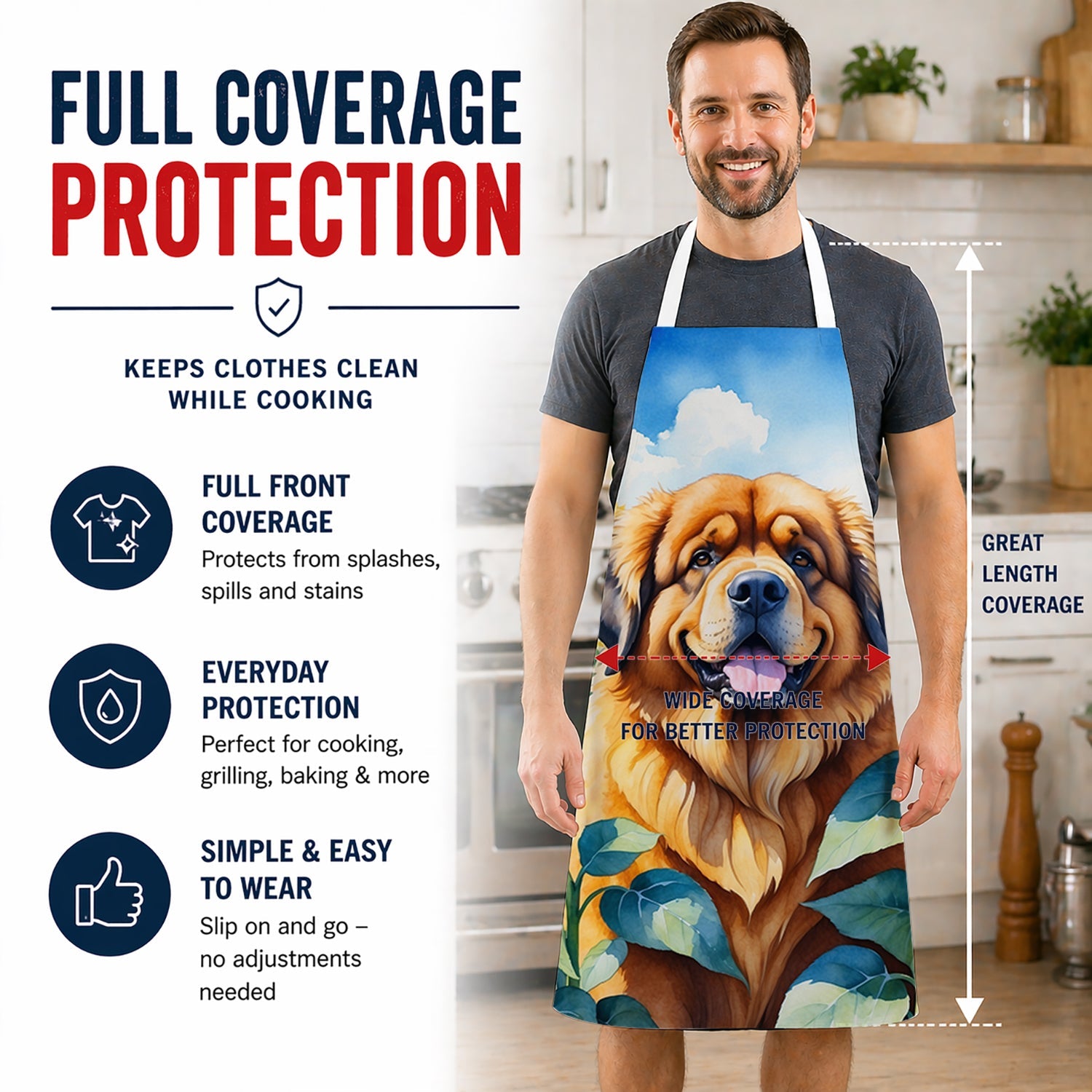 Tibetan Mastiff in Sunflowers Apron Cooking Kitchen Server Baking Crafts Gardening for Adult Women Men, Unisex, Large, Multicolor