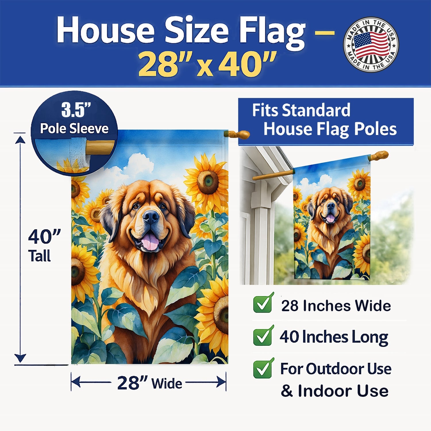 Tibetan Mastiff in Sunflowers House Flag 28x40 Porch Sleeve Pole Decorative Outside Yard Banner Artwork Wall Hanging, Polyester