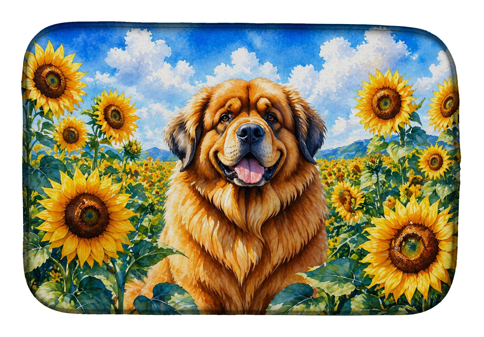 Tibetan Mastiff in Sunflowers Dish Drying Mat Absorbent Dish Drying Mat Pad for Kitchen Counter Dish Drainer Mat for Countertop, 14 x 21", Multicolor
