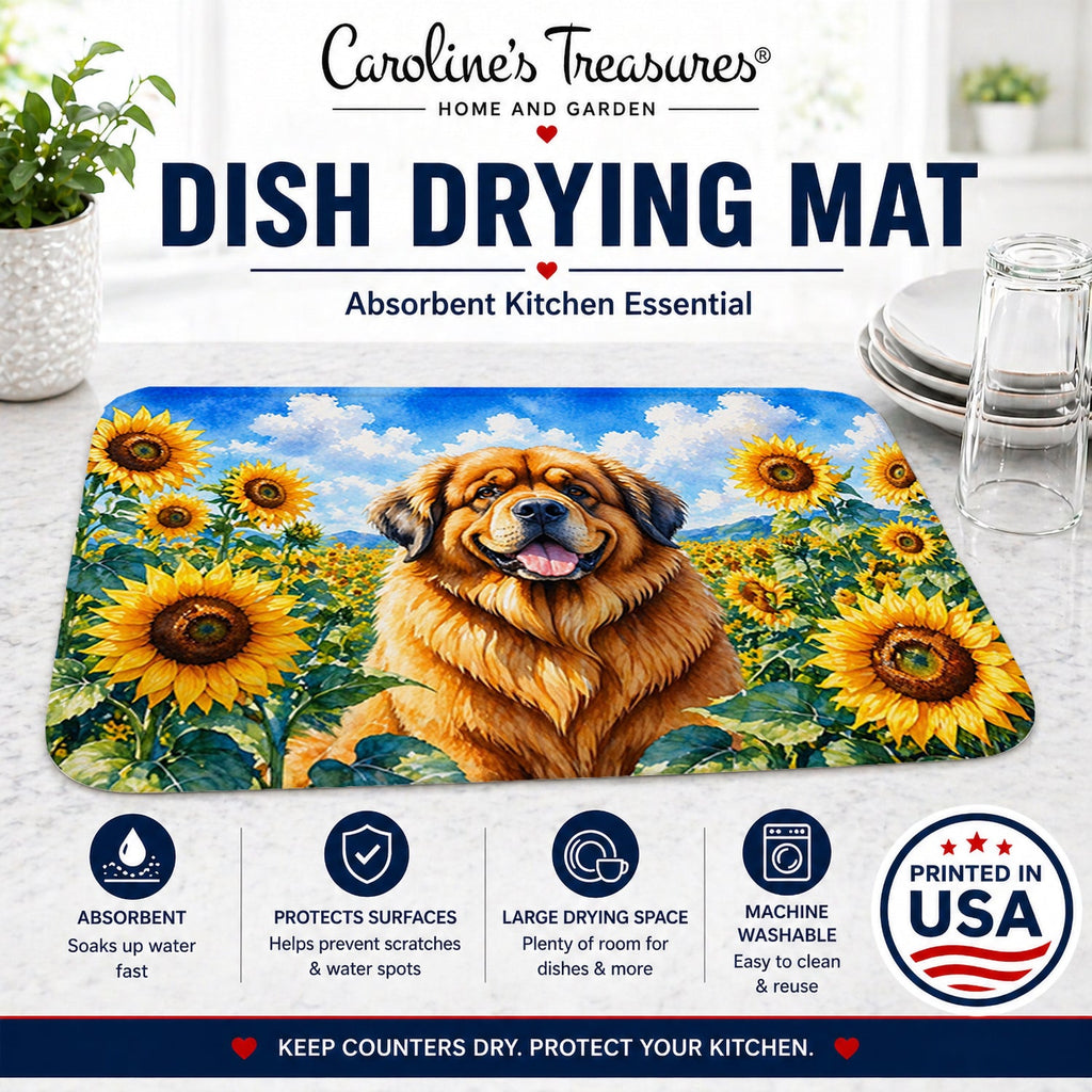 Tibetan Mastiff in Sunflowers Dish Drying Mat Absorbent Dish Drying Mat Pad for Kitchen Counter Dish Drainer Mat for Countertop, 14 x 21", Multicolor