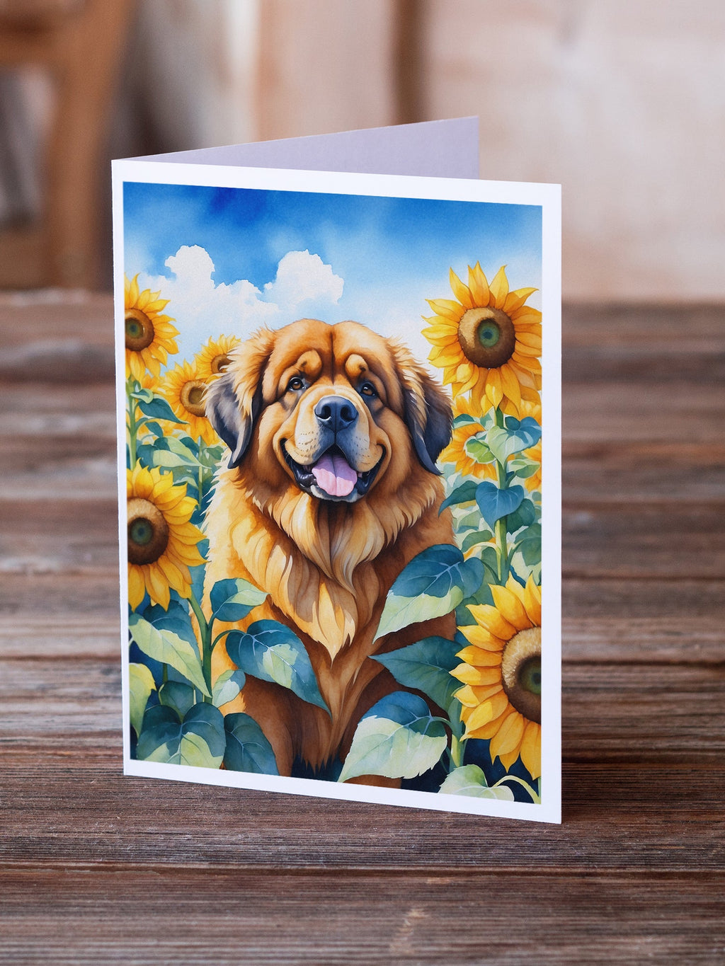 Tibetan Mastiff in Sunflowers Greeting Cards Pack of 8 Blank Cards with Envelopes Whimsical A7 Size 5x7