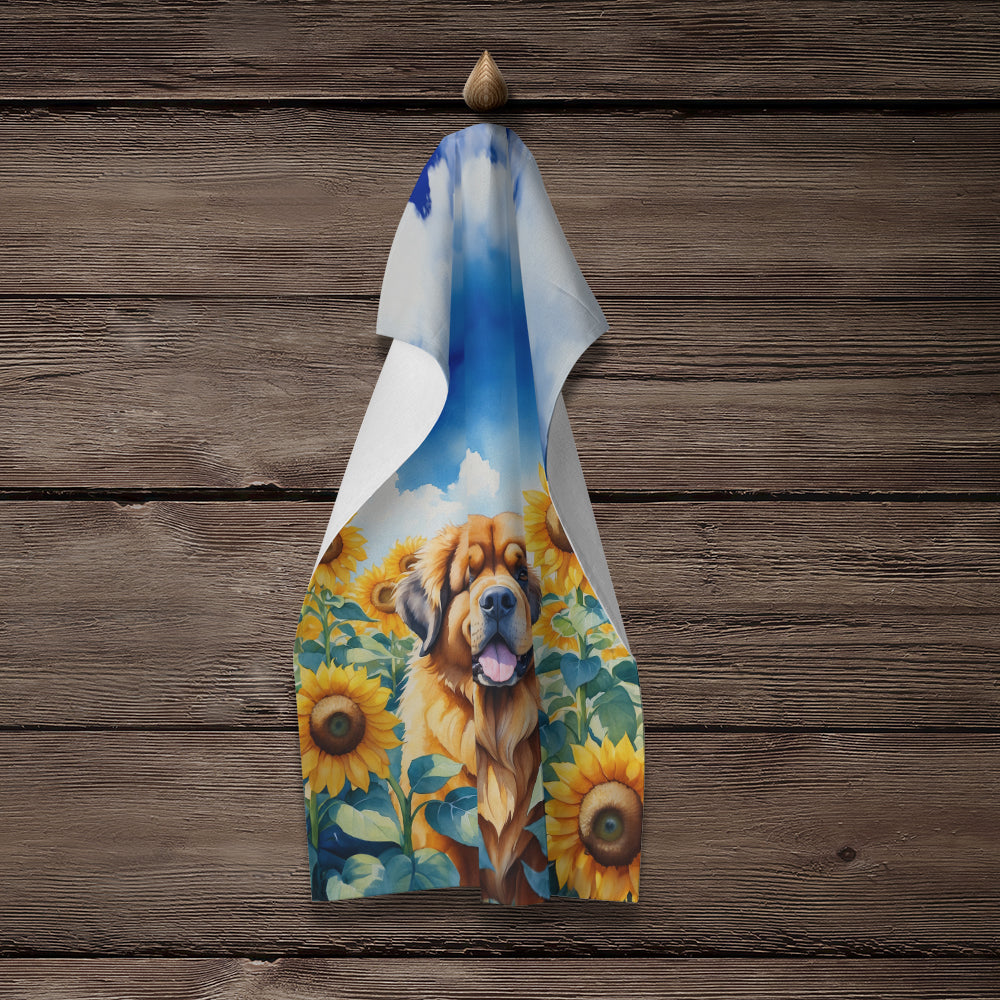 Tibetan Mastiff in Sunflowers Kitchen Towel Velour Plush Front and Cotton Loop Back Machine Washable