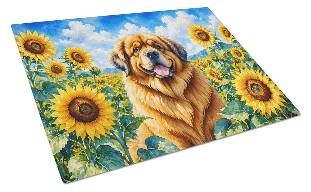 Tibetan Mastiff in Sunflowers Cutting Board Tempered Glass Kitchen Cutting Surface, Heat Resistant Chopping Board with Non-Slip Feet, Decorative Food Prep & Serving
