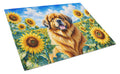 Tibetan Mastiff in Sunflowers Cutting Board Tempered Glass Kitchen Cutting Surface, Heat Resistant Chopping Board with Non-Slip Feet, Decorative Food Prep & Serving