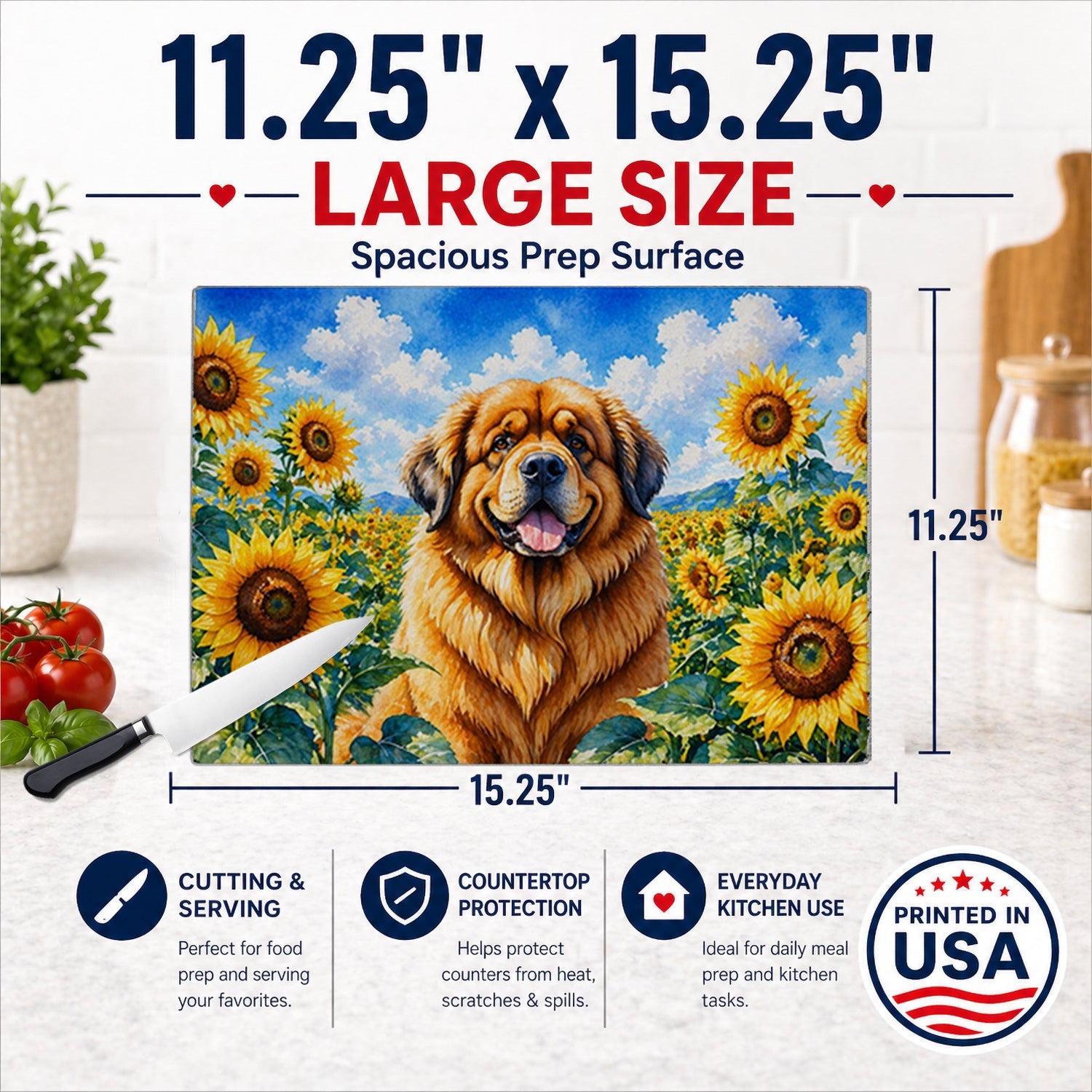 Tibetan Mastiff in Sunflowers Cutting Board Tempered Glass Kitchen Cutting Surface, Heat Resistant Chopping Board with Non-Slip Feet, Decorative Food Prep & Serving