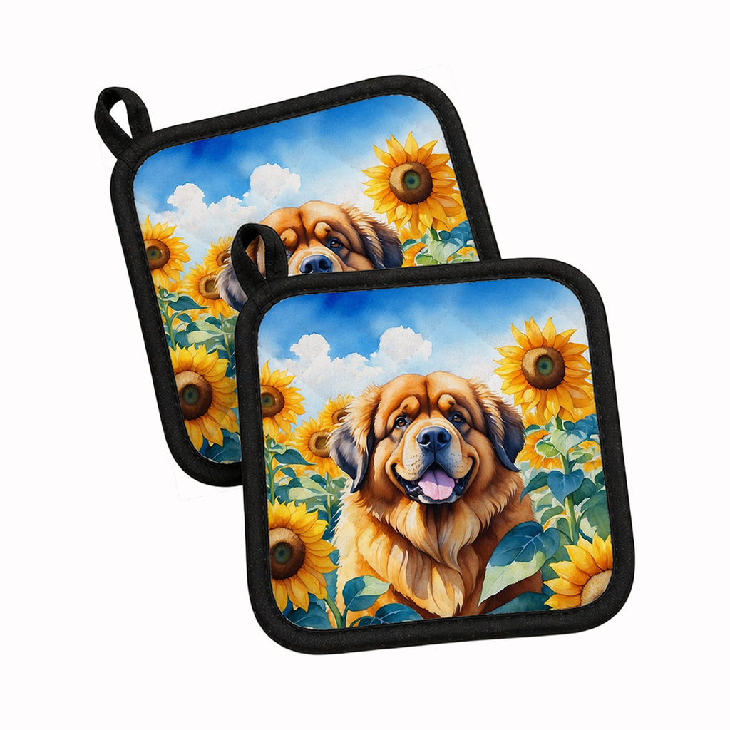 Tibetan Mastiff in Sunflowers Pot Holder Set of 2 Heat Resistant Quilted Hot Pads 7.5 x 7.5 Inch, Insulated Kitchen Trivets for Cooking & Baking