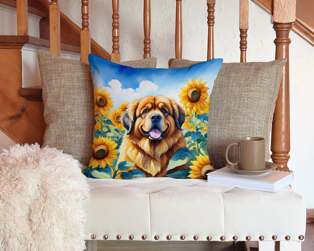 Tibetan Mastiff in Sunflowers Decorative Throw Pillow 14x14 Indoor Outdoor Accent Cushion, Fabric Cover with Insert for Sofa, Bed, Porch & Living Room