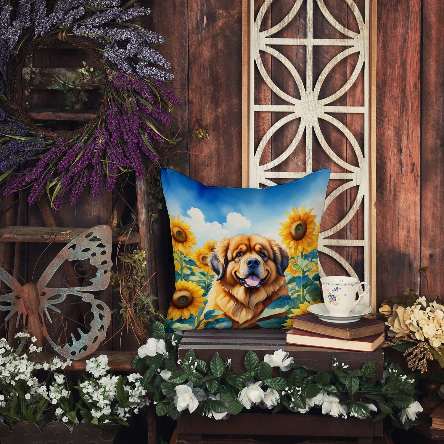 Tibetan Mastiff in Sunflowers Decorative Throw Pillow 14x14 Indoor Outdoor Accent Cushion, Fabric Cover with Insert for Sofa, Bed, Porch & Living Room