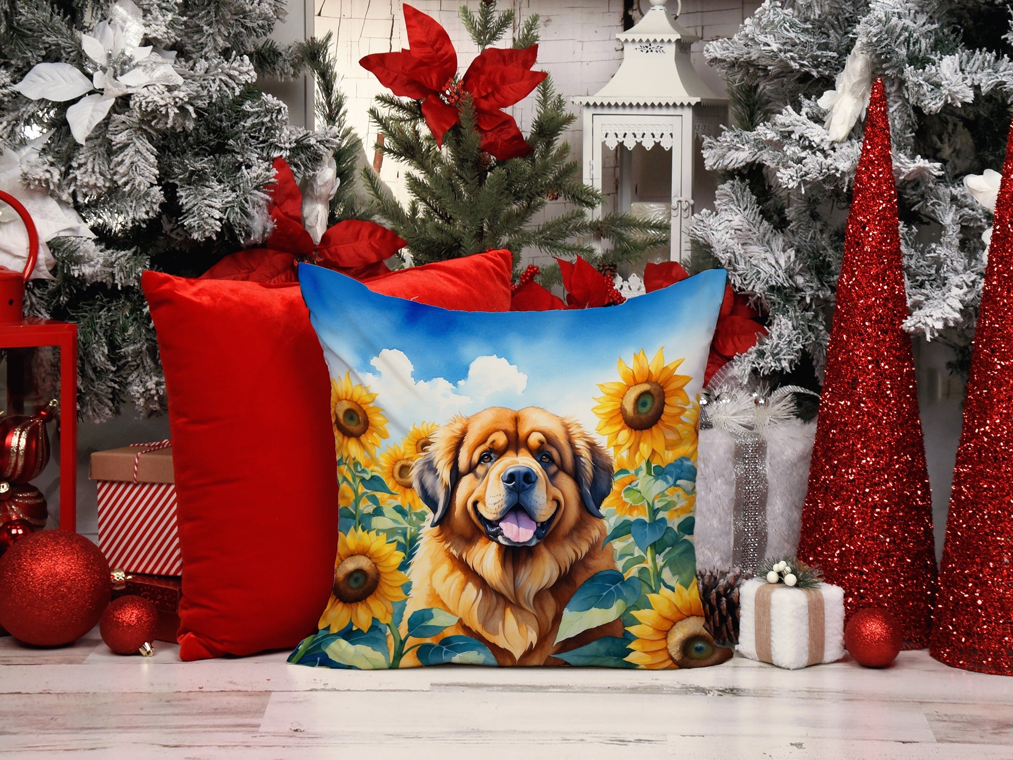 Tibetan Mastiff in Sunflowers Decorative Throw Pillow 14x14 Indoor Outdoor Accent Cushion, Fabric Cover with Insert for Sofa, Bed, Porch & Living Room