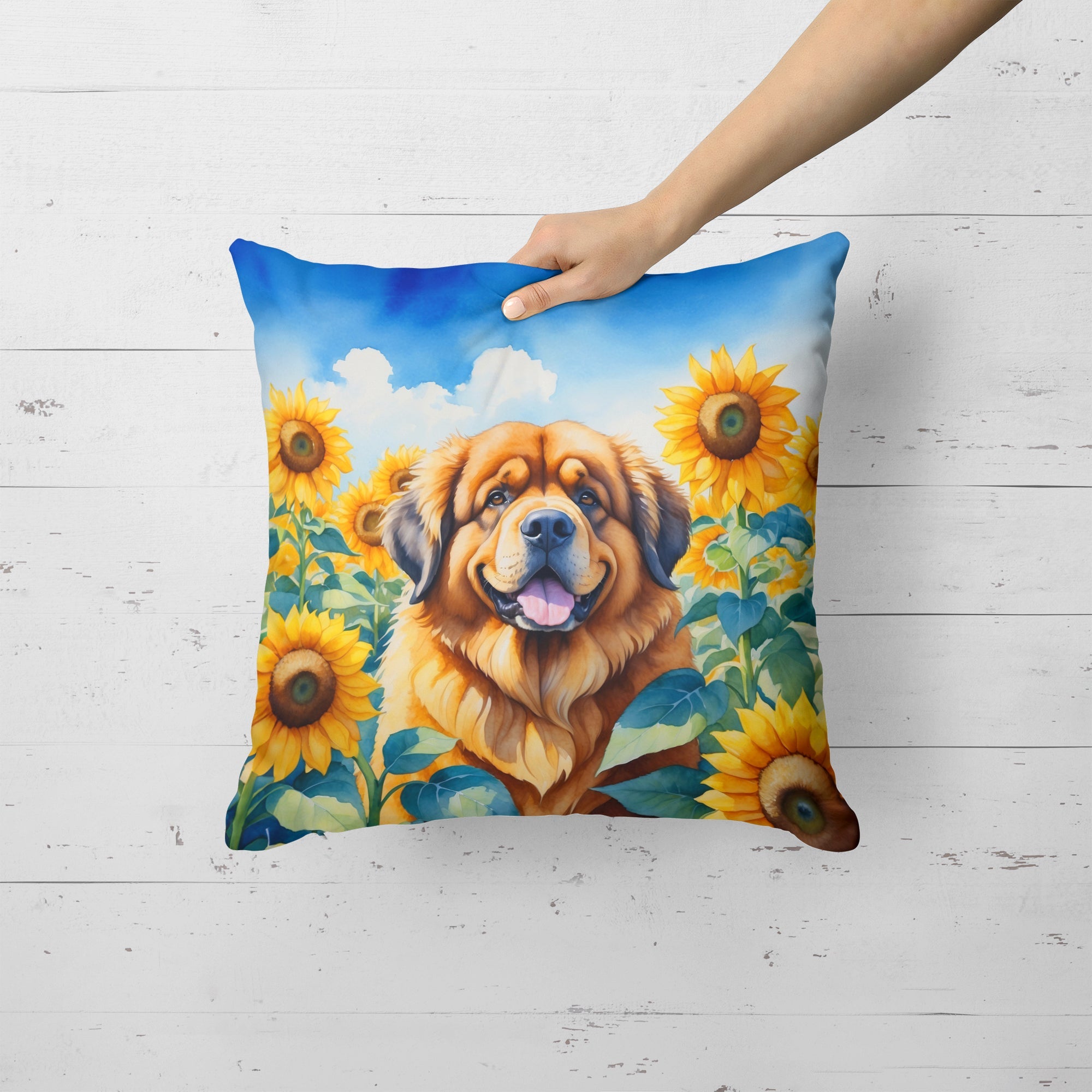 Tibetan Mastiff in Sunflowers Decorative Throw Pillow 18x18 Indoor Outdoor Accent Cushion, Fabric Cover with Insert for Sofa, Bed, Porch & Living Room