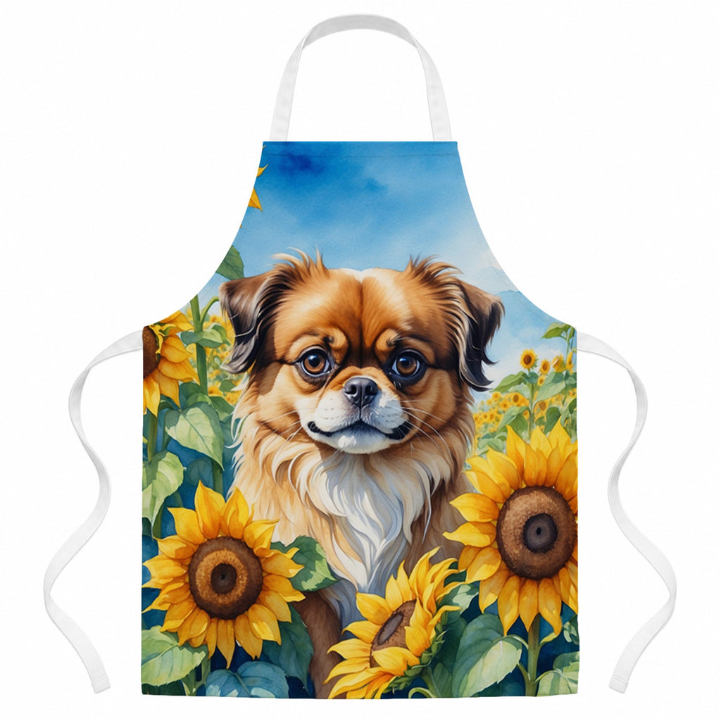 Tibetan Spaniel in Sunflowers Apron Cooking Kitchen Server Baking Crafts Gardening for Adult Women Men, Unisex, Large, Multicolor