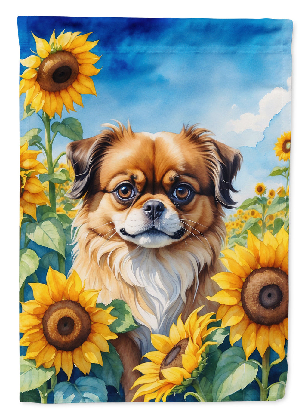 Tibetan Spaniel in Sunflowers House Flag 28x40 Porch Sleeve Pole Decorative Outside Yard Banner Artwork Wall Hanging, Polyester