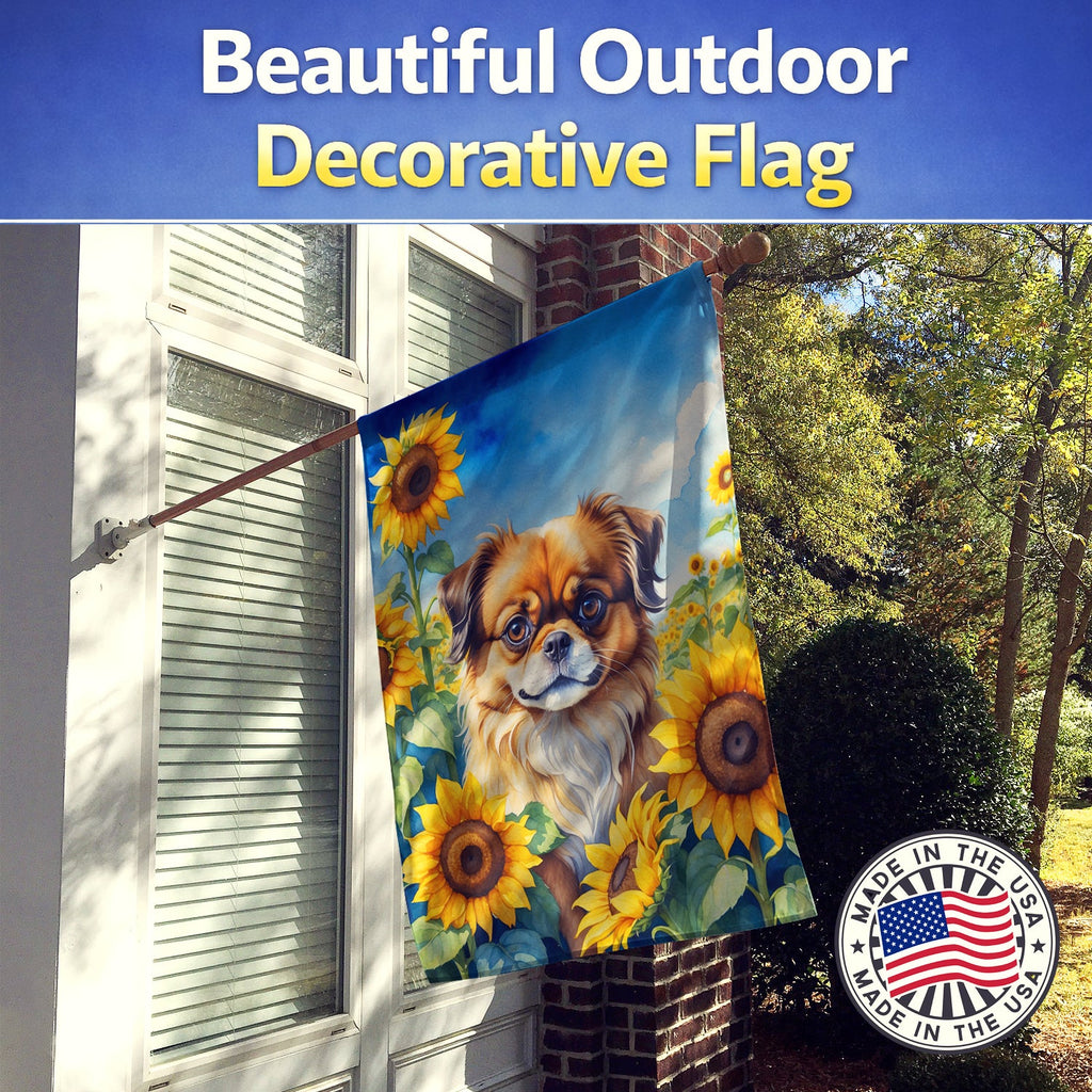 Tibetan Spaniel in Sunflowers House Flag 28x40 Porch Sleeve Pole Decorative Outside Yard Banner Artwork Wall Hanging, Polyester