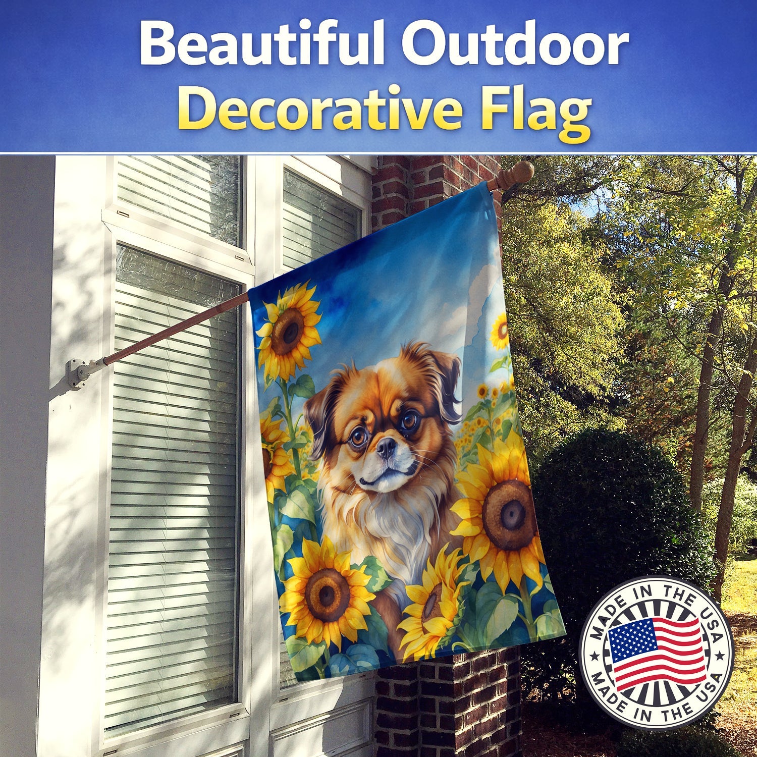 Tibetan Spaniel in Sunflowers House Flag 28x40 Porch Sleeve Pole Decorative Outside Yard Banner Artwork Wall Hanging, Polyester