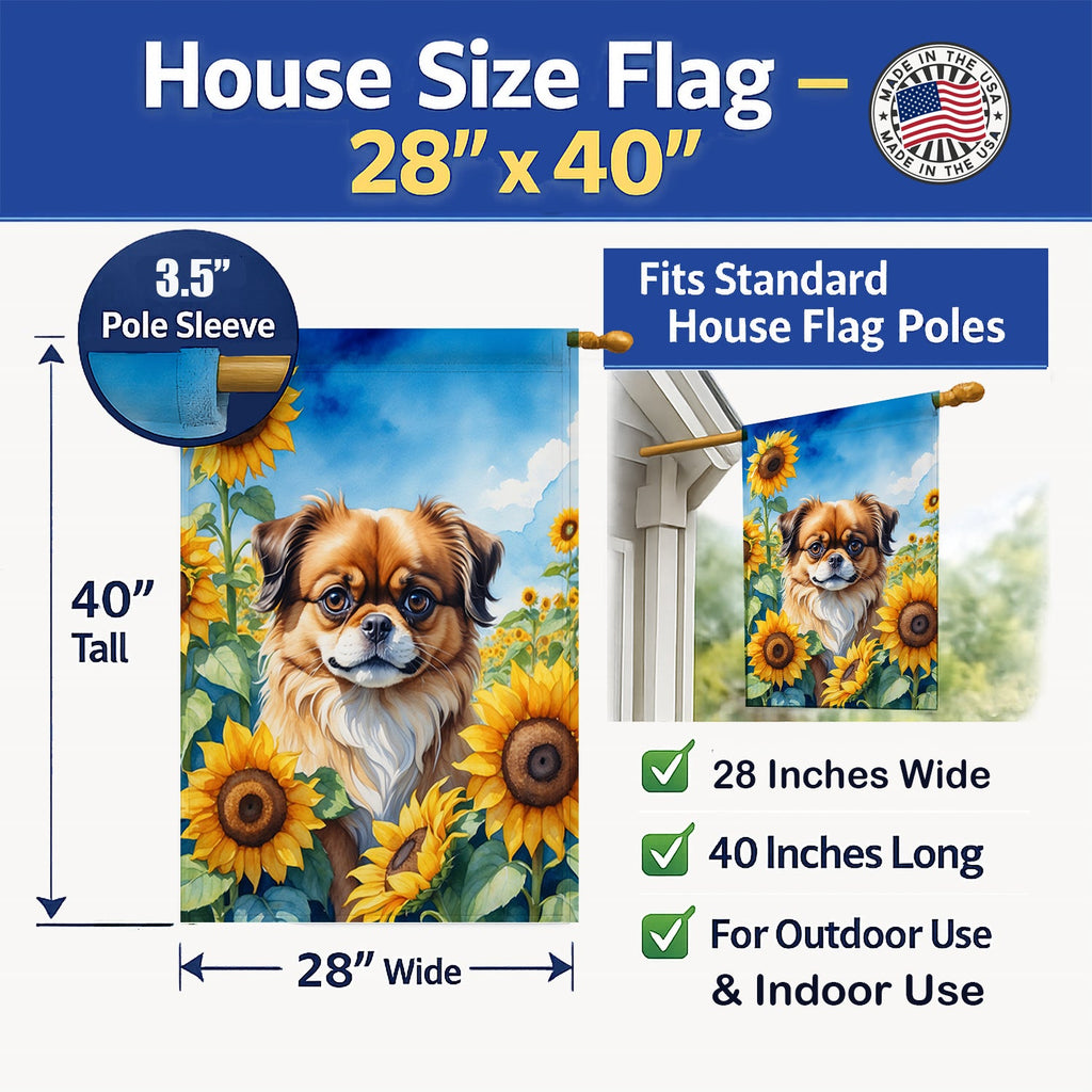 Tibetan Spaniel in Sunflowers House Flag 28x40 Porch Sleeve Pole Decorative Outside Yard Banner Artwork Wall Hanging, Polyester