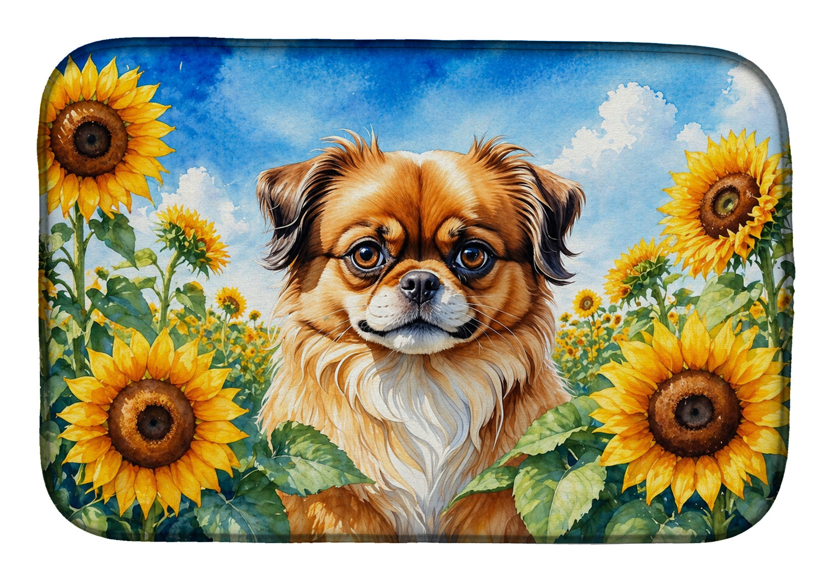 Tibetan Spaniel in Sunflowers Dish Drying Mat Absorbent Dish Drying Mat Pad for Kitchen Counter Dish Drainer Mat for Countertop, 14 x 21", Multicolor
