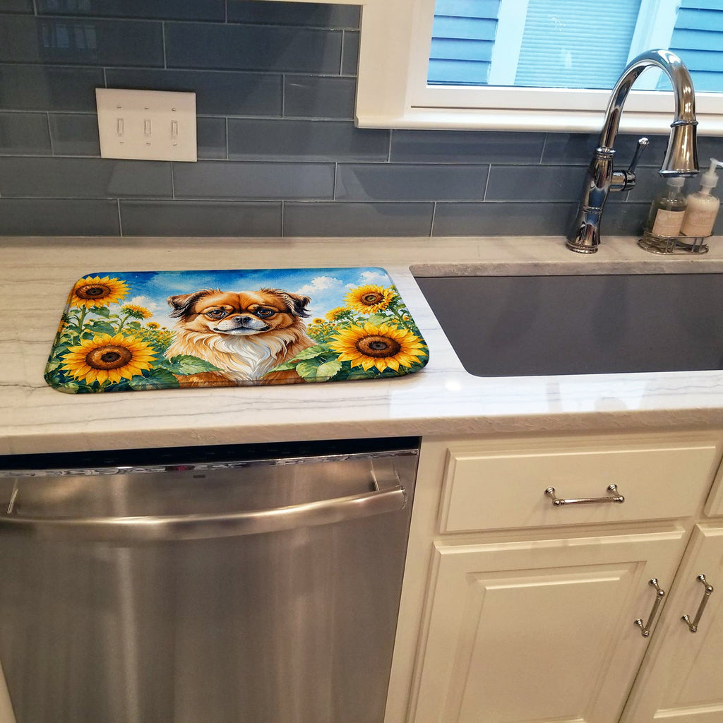 Tibetan Spaniel in Sunflowers Dish Drying Mat Absorbent Dish Drying Mat Pad for Kitchen Counter Dish Drainer Mat for Countertop, 14 x 21", Multicolor