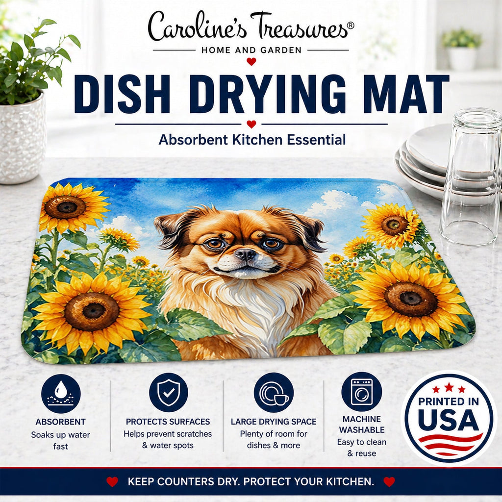 Tibetan Spaniel in Sunflowers Dish Drying Mat Absorbent Dish Drying Mat Pad for Kitchen Counter Dish Drainer Mat for Countertop, 14 x 21", Multicolor