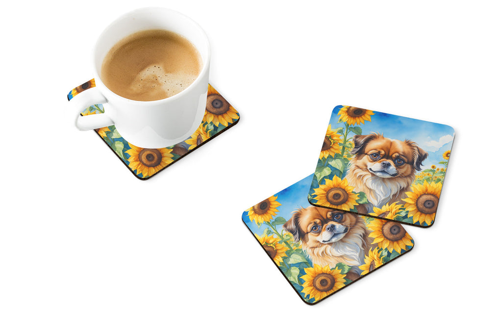 Tibetan Spaniel in Sunflowers Foam Coasters Set of 4 Cup Coasters for Indoor Outdoor, Tabletop Protection, Anti Slip, Mouse pad Material