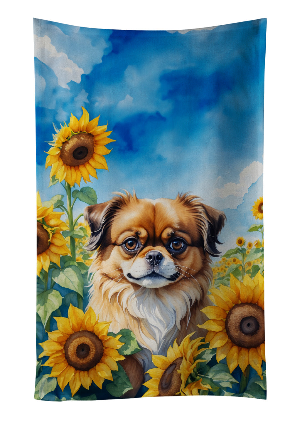 Tibetan Spaniel in Sunflowers Kitchen Towel Velour Plush Front and Cotton Loop Back Machine Washable