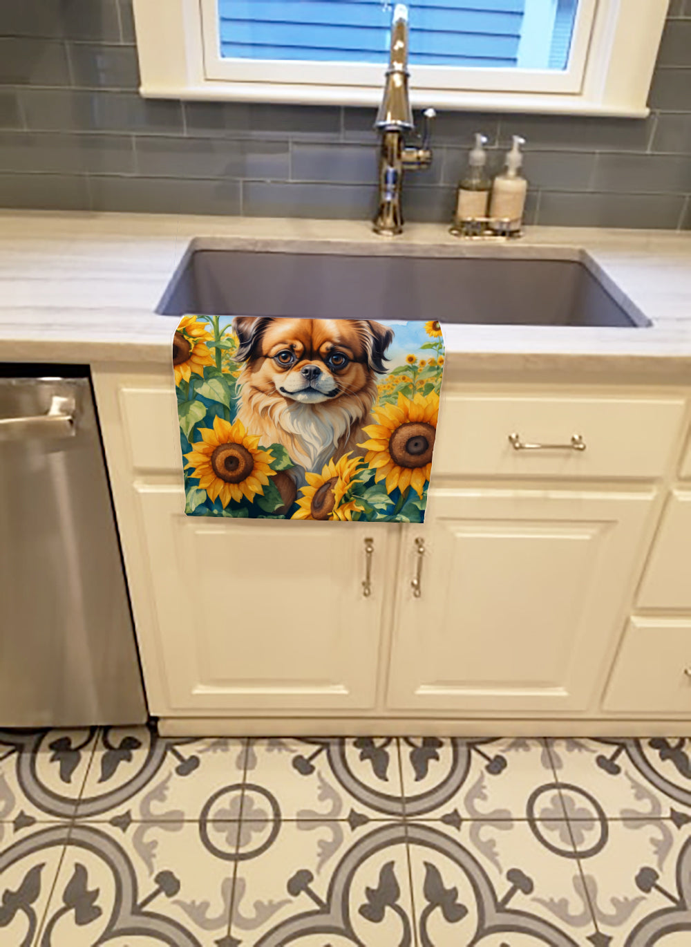 Tibetan Spaniel in Sunflowers Kitchen Towel Velour Plush Front and Cotton Loop Back Machine Washable