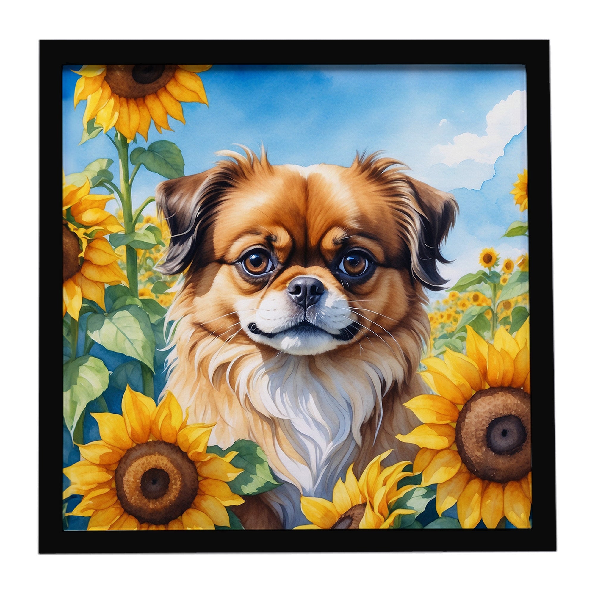 Tibetan Spaniel in Sunflowers Framed Metal Print Bathroom, Kitchen, Office, Home Decor Wall Art Ready to Hang, Square, 8X8