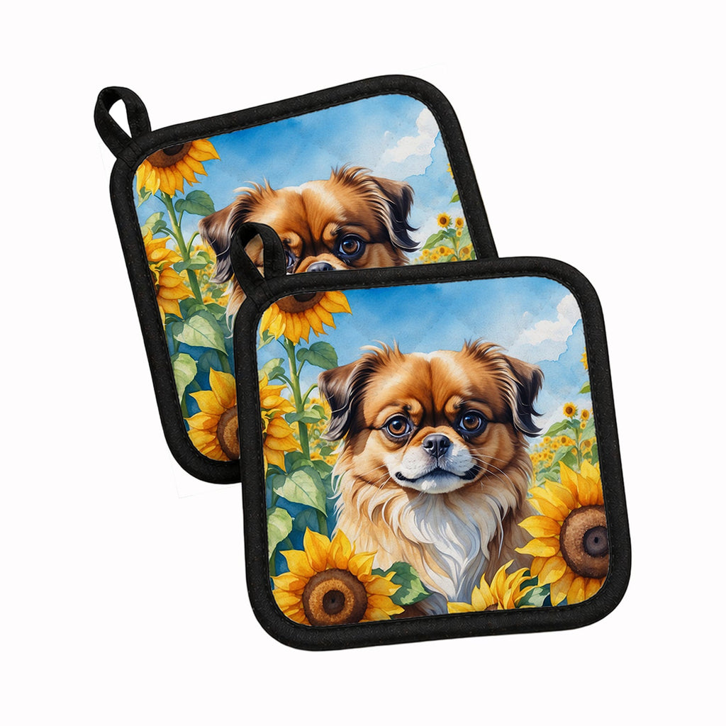Tibetan Spaniel in Sunflowers Pot Holder Set of 2 Heat Resistant Quilted Hot Pads 7.5 x 7.5 Inch, Insulated Kitchen Trivets for Cooking & Baking