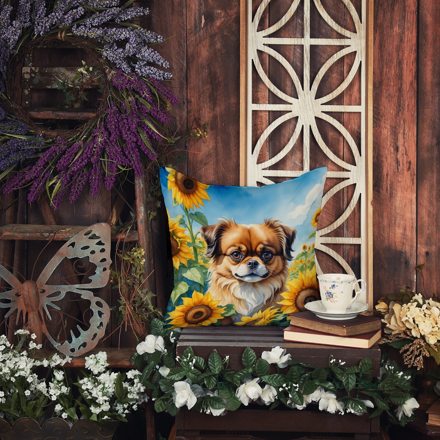 Tibetan Spaniel in Sunflowers Decorative Throw Pillow 14x14 Indoor Outdoor Accent Cushion, Fabric Cover with Insert for Sofa, Bed, Porch & Living Room