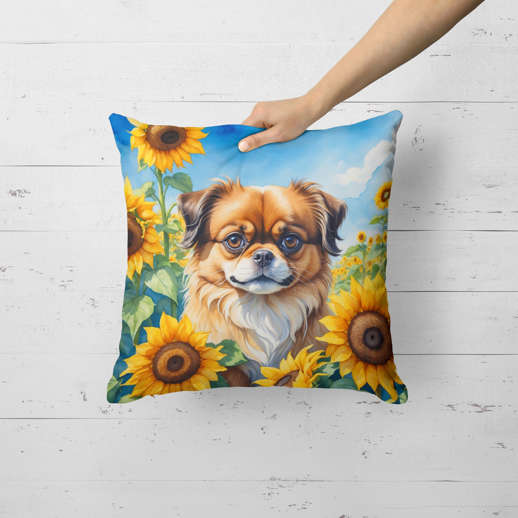 Tibetan Spaniel in Sunflowers Decorative Throw Pillow 18x18 Indoor Outdoor Accent Cushion, Fabric Cover with Insert for Sofa, Bed, Porch & Living Room