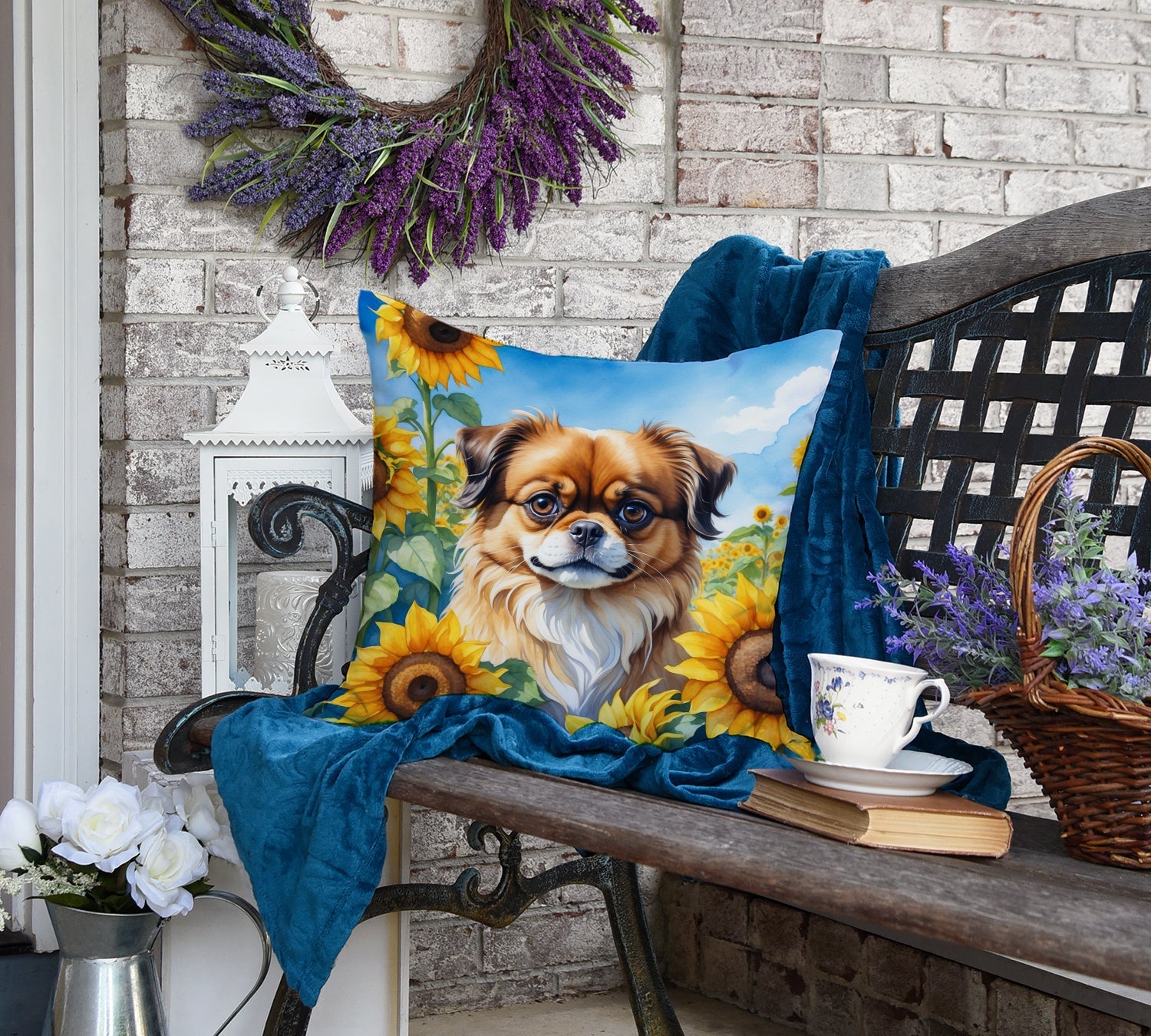 Tibetan Spaniel in Sunflowers Decorative Throw Pillow 18x18 Indoor Outdoor Accent Cushion, Fabric Cover with Insert for Sofa, Bed, Porch & Living Room