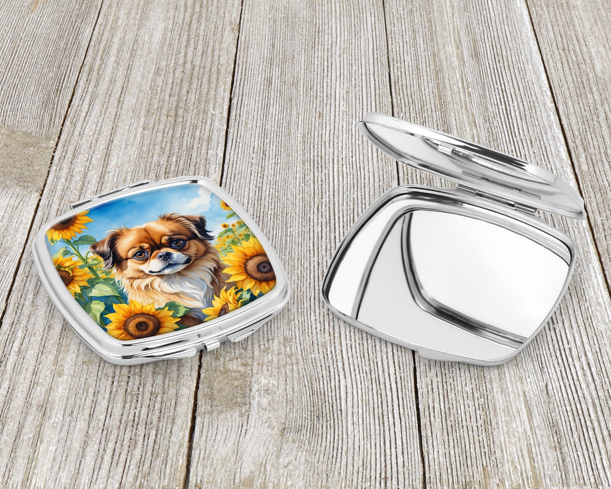 Tibetan Spaniel in Sunflowers Compact Mirror Decorative Travel Makeup Mirror for Women Girls Gifts Pocket Makeup Mirror Folding Handheld