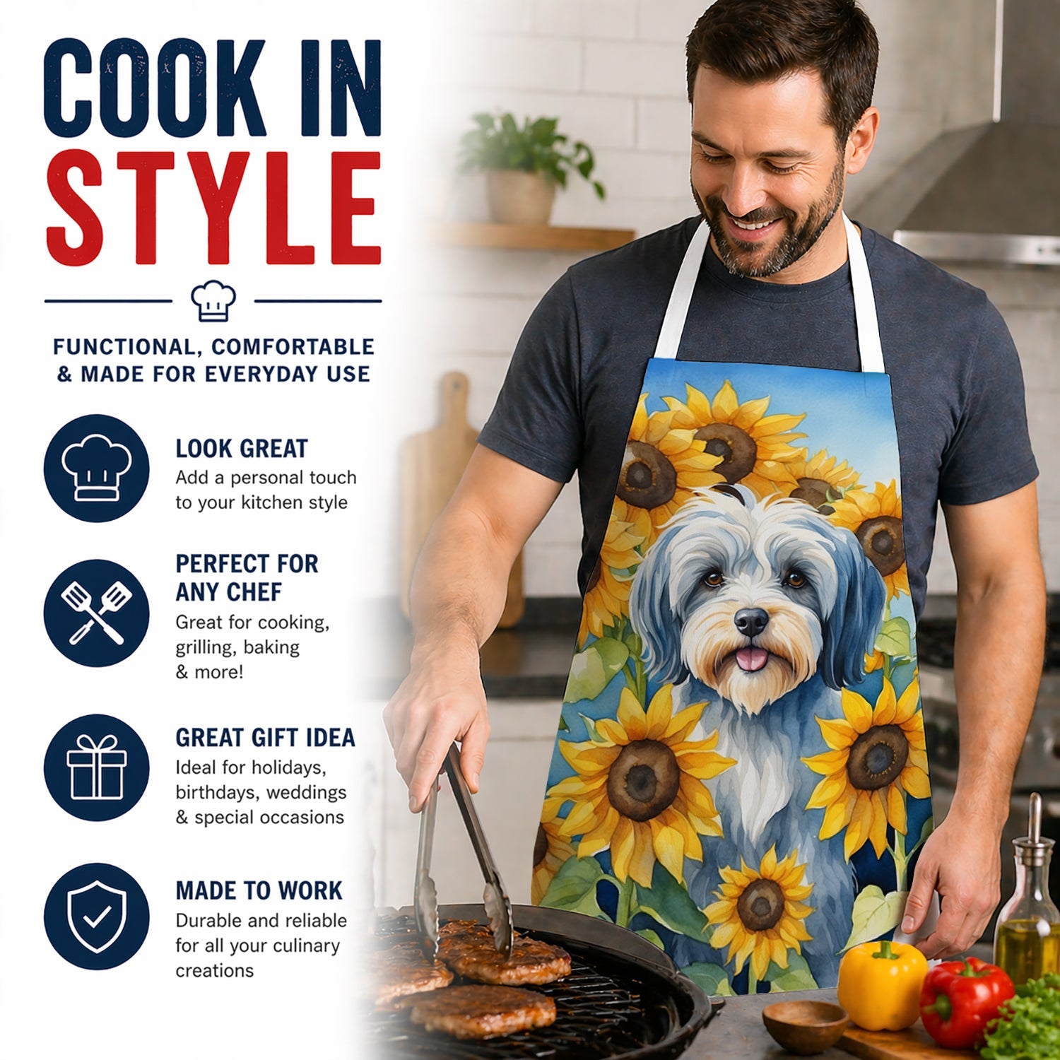 Tibetan Terrier in Sunflowers Apron Cooking Kitchen Server Baking Crafts Gardening for Adult Women Men, Unisex, Large, Multicolor
