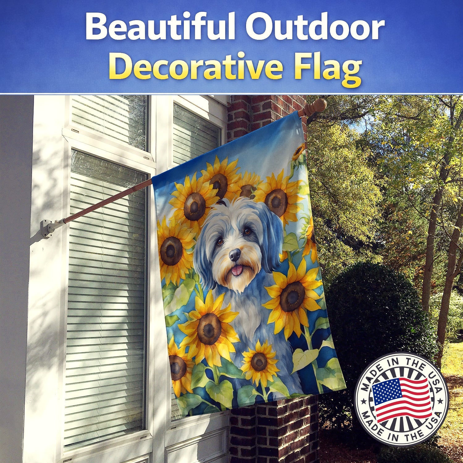 Tibetan Terrier in Sunflowers House Flag 28x40 Porch Sleeve Pole Decorative Outside Yard Banner Artwork Wall Hanging, Polyester