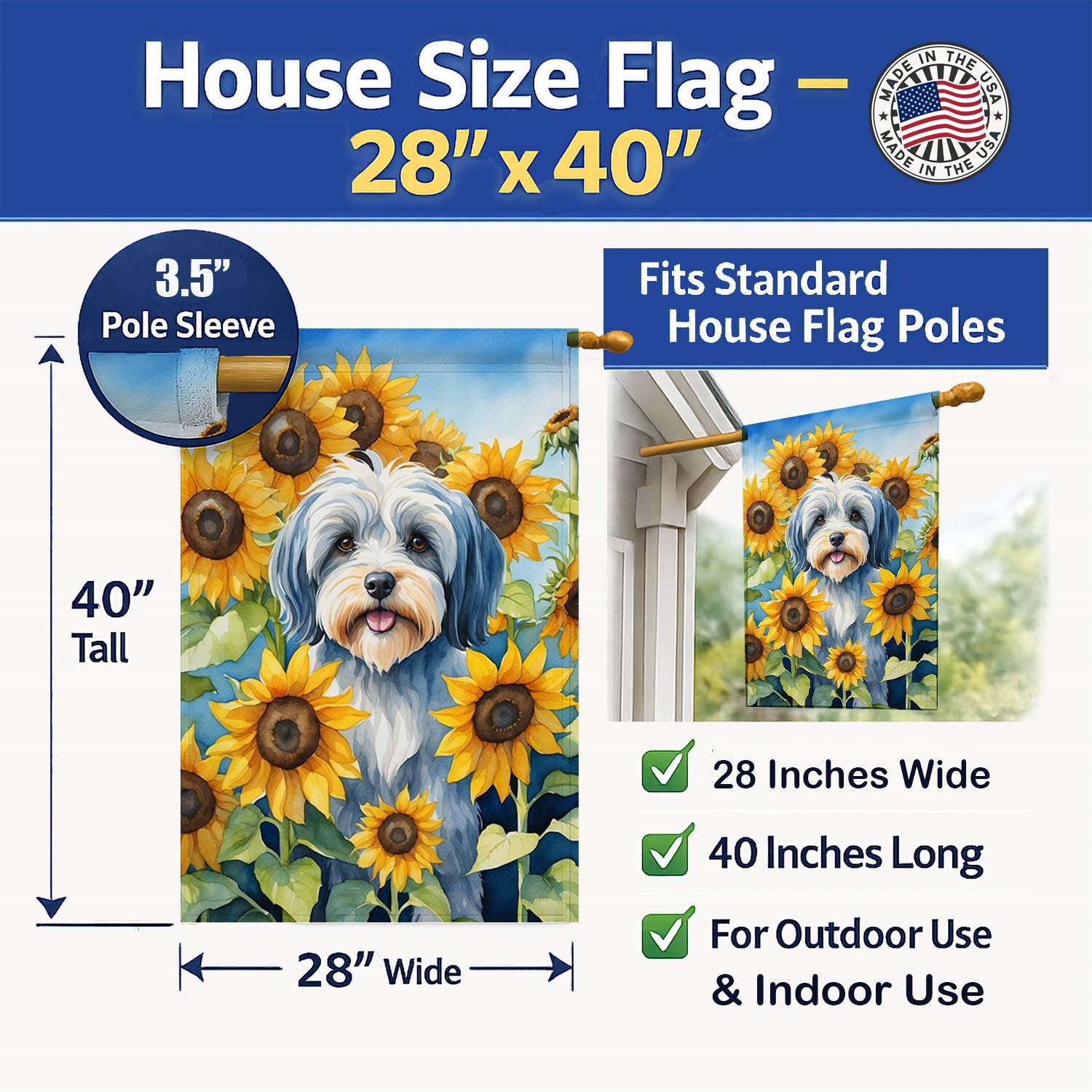Tibetan Terrier in Sunflowers House Flag 28x40 Porch Sleeve Pole Decorative Outside Yard Banner Artwork Wall Hanging, Polyester
