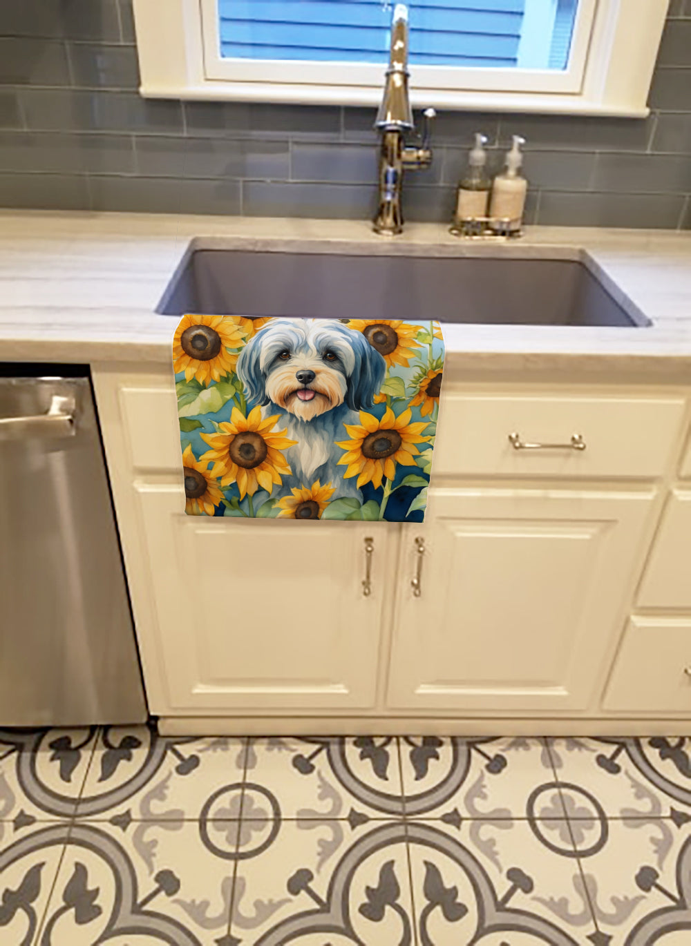Tibetan Terrier in Sunflowers Kitchen Towel Velour Plush Front and Cotton Loop Back Machine Washable
