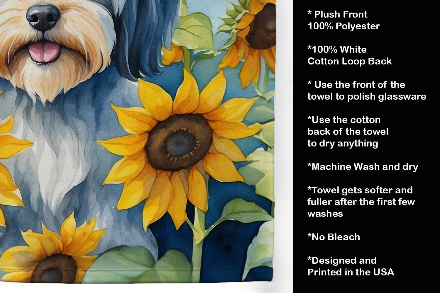 Tibetan Terrier in Sunflowers Kitchen Towel Velour Plush Front and Cotton Loop Back Machine Washable