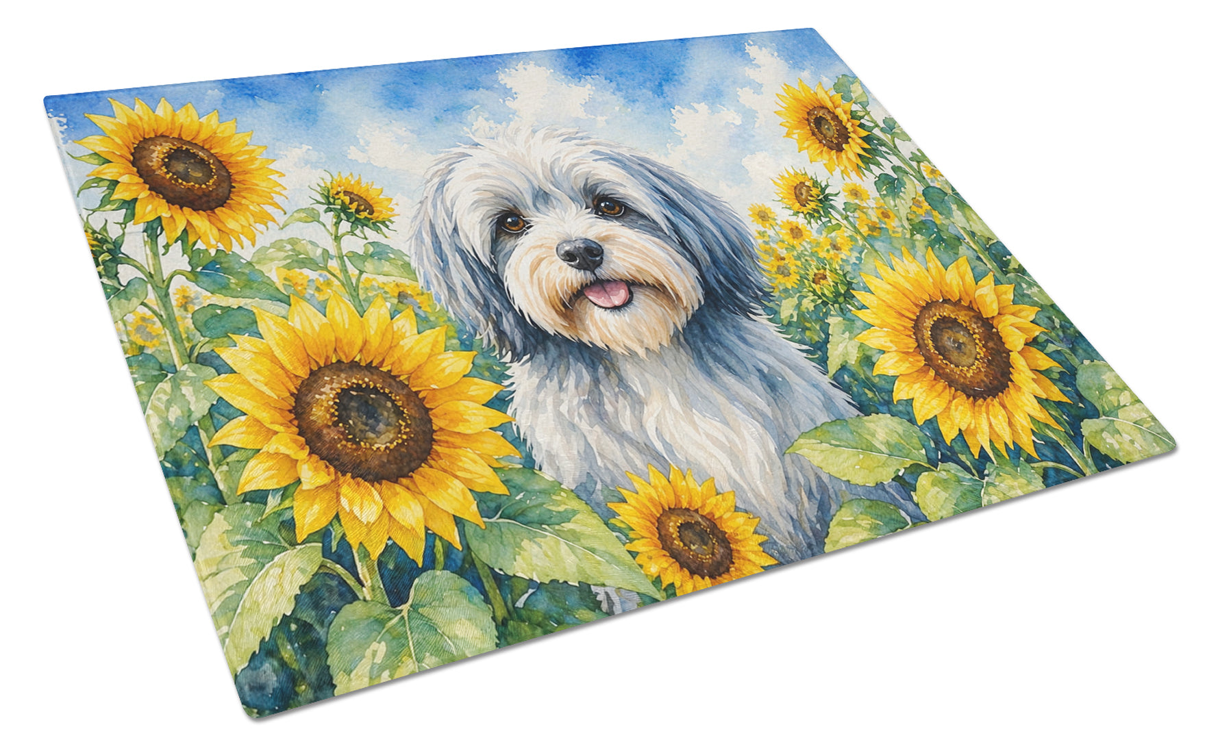 Tibetan Terrier in Sunflowers Cutting Board Tempered Glass Kitchen Cutting Surface, Heat Resistant Chopping Board with Non-Slip Feet, Decorative Food Prep & Serving