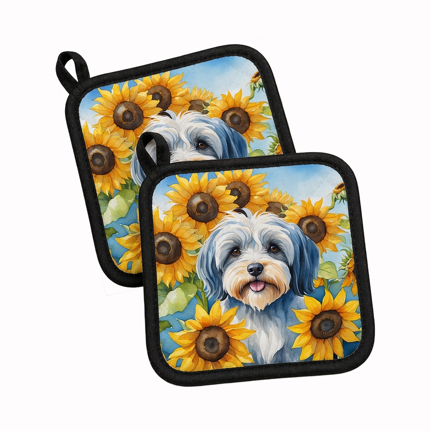 Tibetan Terrier in Sunflowers Pot Holder Set of 2 Heat Resistant Quilted Hot Pads 7.5 x 7.5 Inch, Insulated Kitchen Trivets for Cooking & Baking