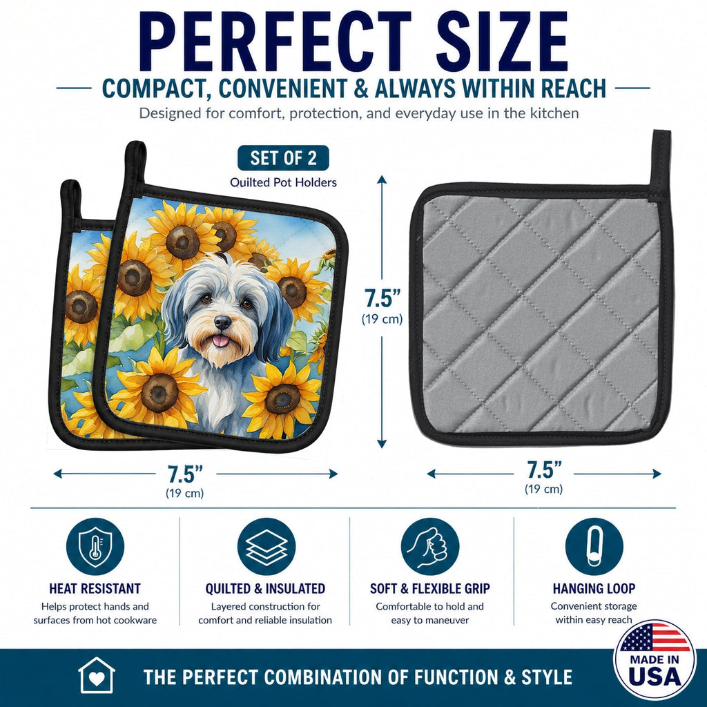 Tibetan Terrier in Sunflowers Pot Holder Set of 2 Heat Resistant Quilted Hot Pads 7.5 x 7.5 Inch, Insulated Kitchen Trivets for Cooking & Baking