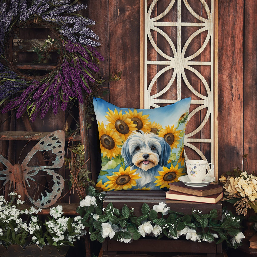 Tibetan Terrier in Sunflowers Decorative Throw Pillow 14x14 Indoor Outdoor Accent Cushion, Fabric Cover with Insert for Sofa, Bed, Porch & Living Room