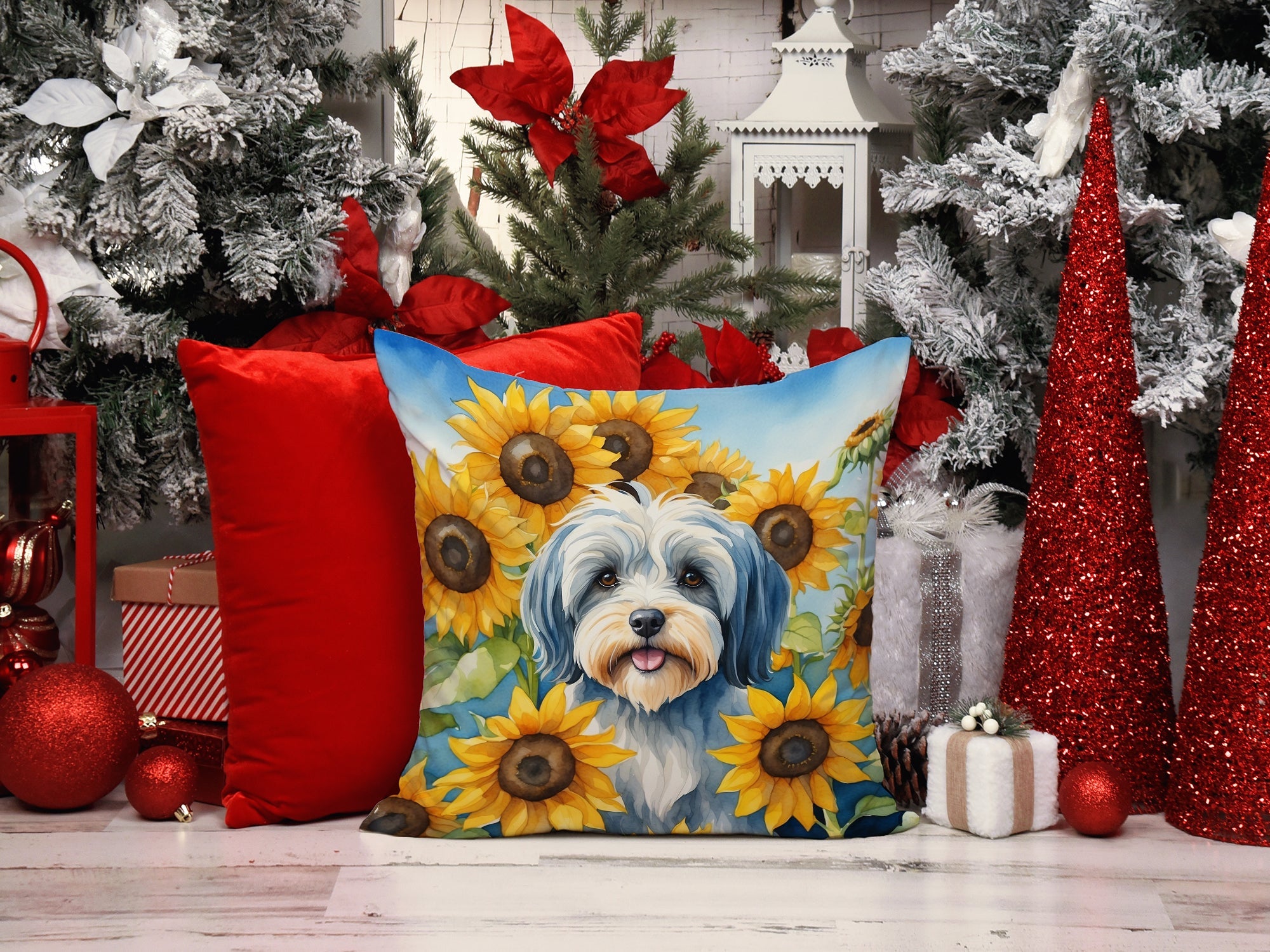 Tibetan Terrier in Sunflowers Decorative Throw Pillow 14x14 Indoor Outdoor Accent Cushion, Fabric Cover with Insert for Sofa, Bed, Porch & Living Room