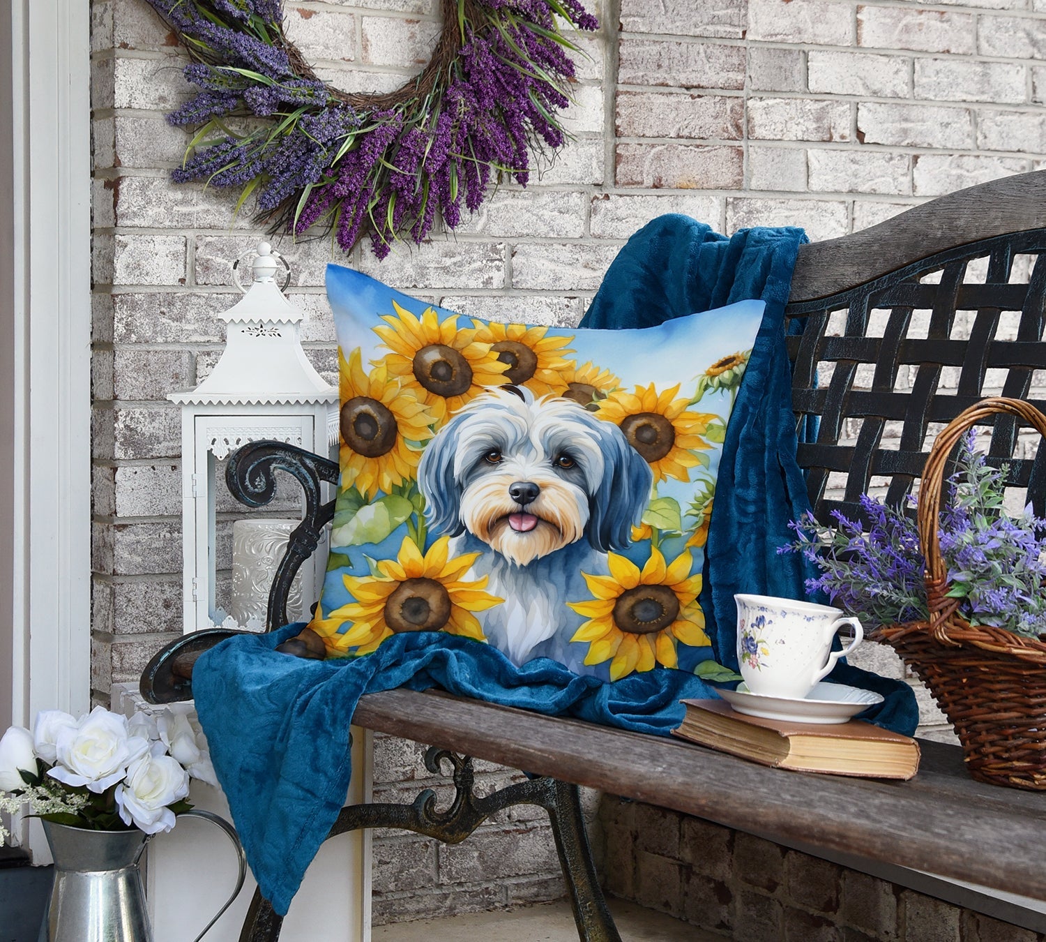 Tibetan Terrier in Sunflowers Decorative Throw Pillow 18x18 Indoor Outdoor Accent Cushion, Fabric Cover with Insert for Sofa, Bed, Porch & Living Room