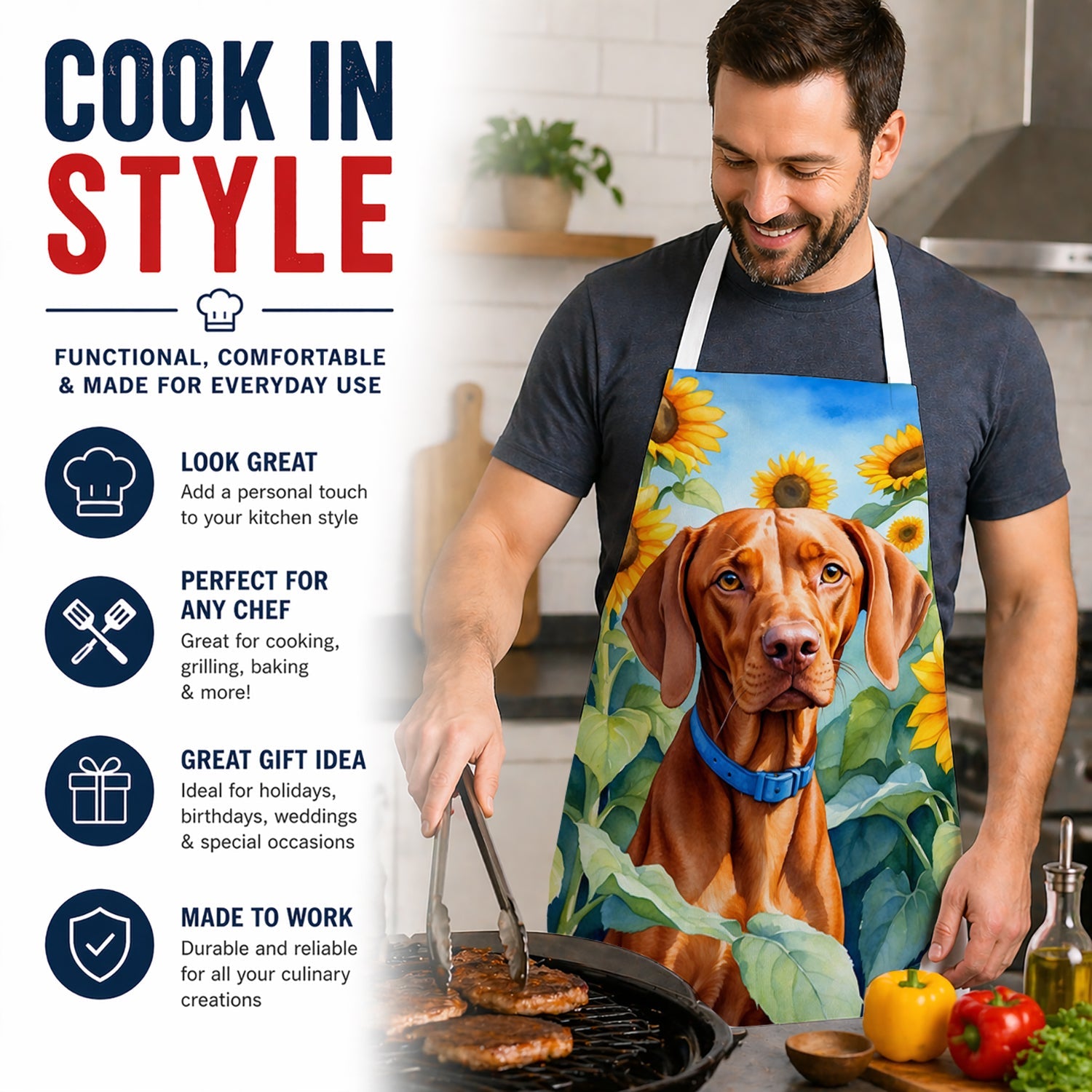 Vizsla in Sunflowers Apron Cooking Kitchen Server Baking Crafts Gardening for Adult Women Men, Unisex, Large, Multicolor