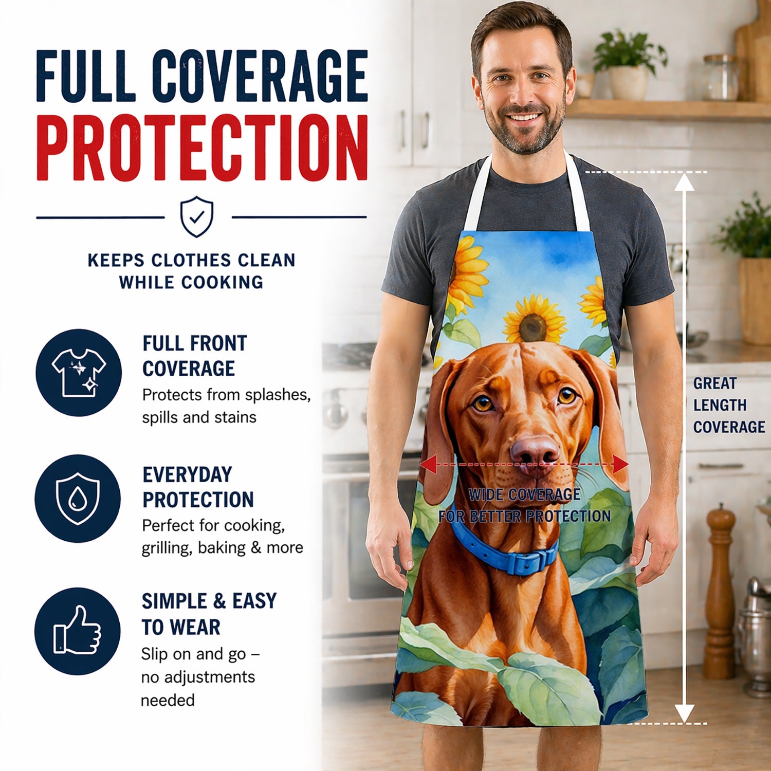 Vizsla in Sunflowers Apron Cooking Kitchen Server Baking Crafts Gardening for Adult Women Men, Unisex, Large, Multicolor