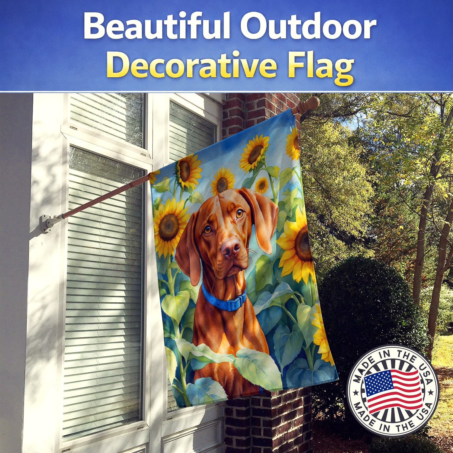 Vizsla in Sunflowers House Flag 28x40 Porch Sleeve Pole Decorative Outside Yard Banner Artwork Wall Hanging, Polyester