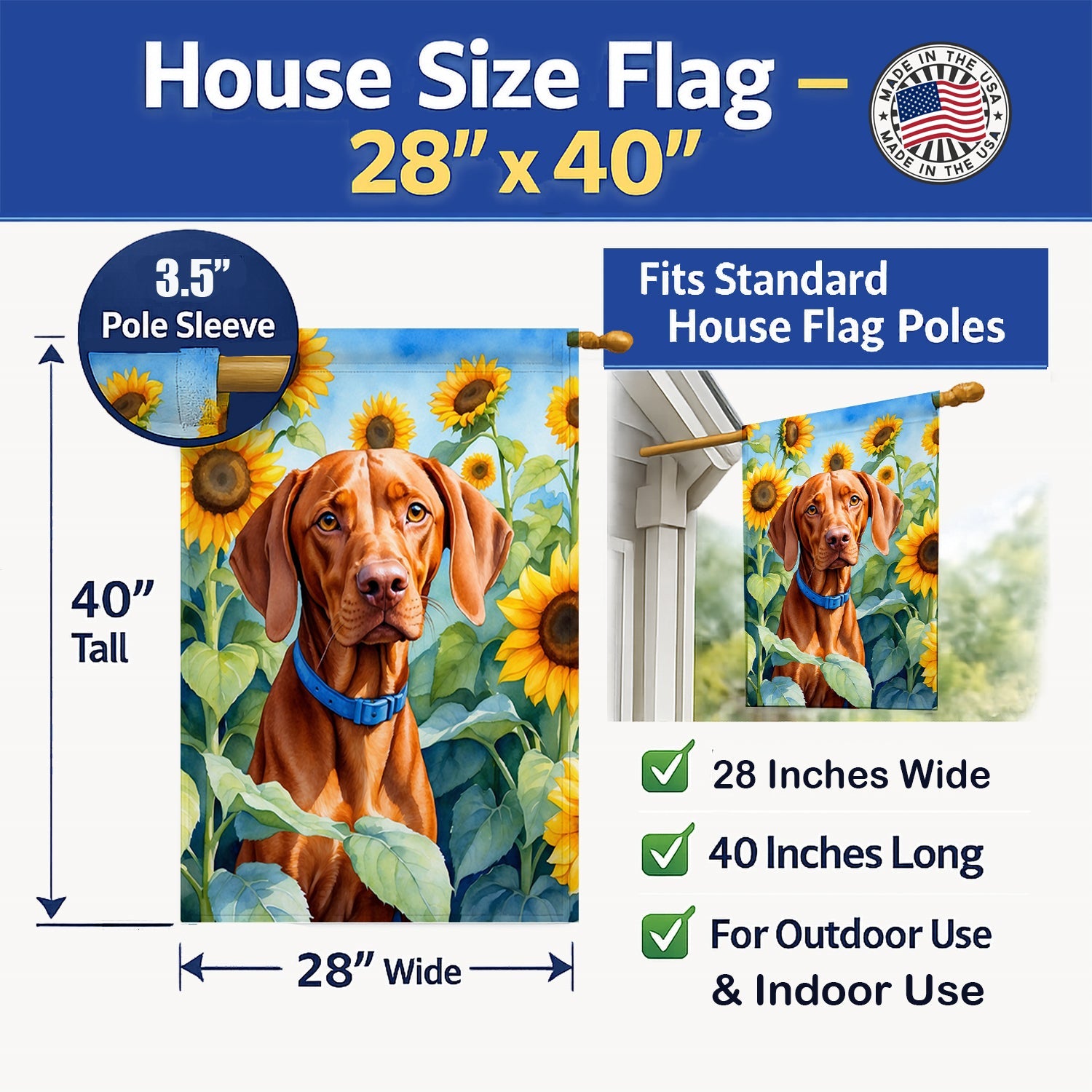 Vizsla in Sunflowers House Flag 28x40 Porch Sleeve Pole Decorative Outside Yard Banner Artwork Wall Hanging, Polyester